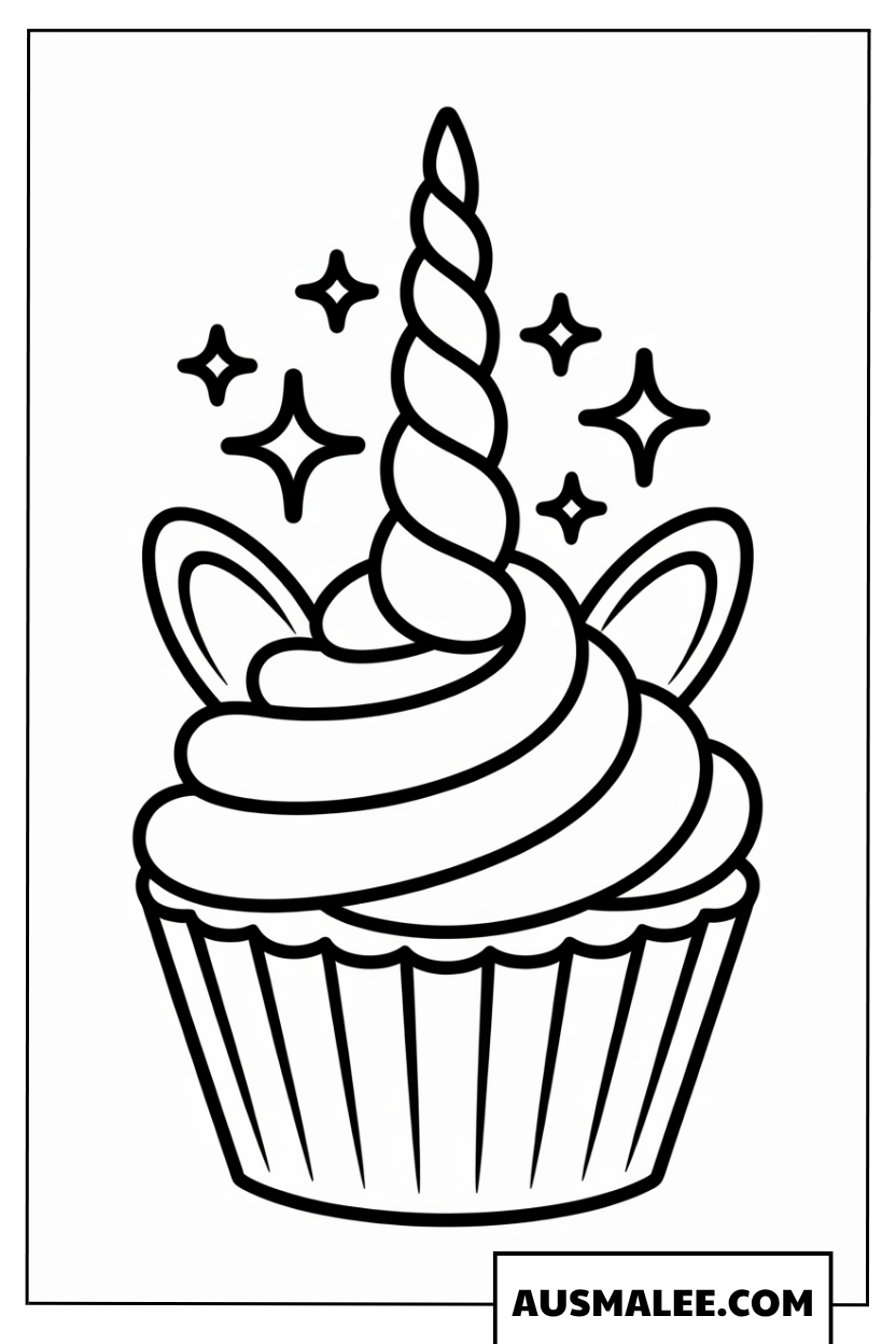 Ausmalbild Muffin mit kleinem Einhornhorn