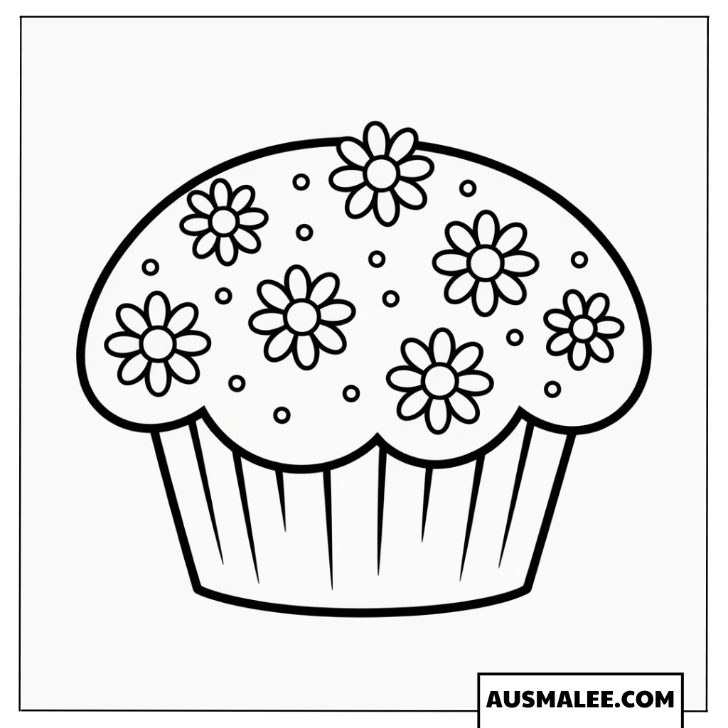 Ausmalbild Muffin mit vielen kleinen Blumen