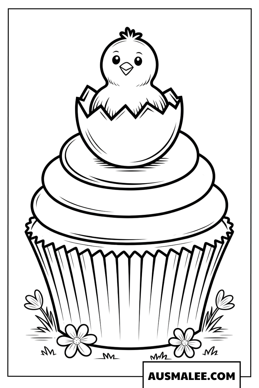 Ausmalbild Oster-Muffin mit einem Küken