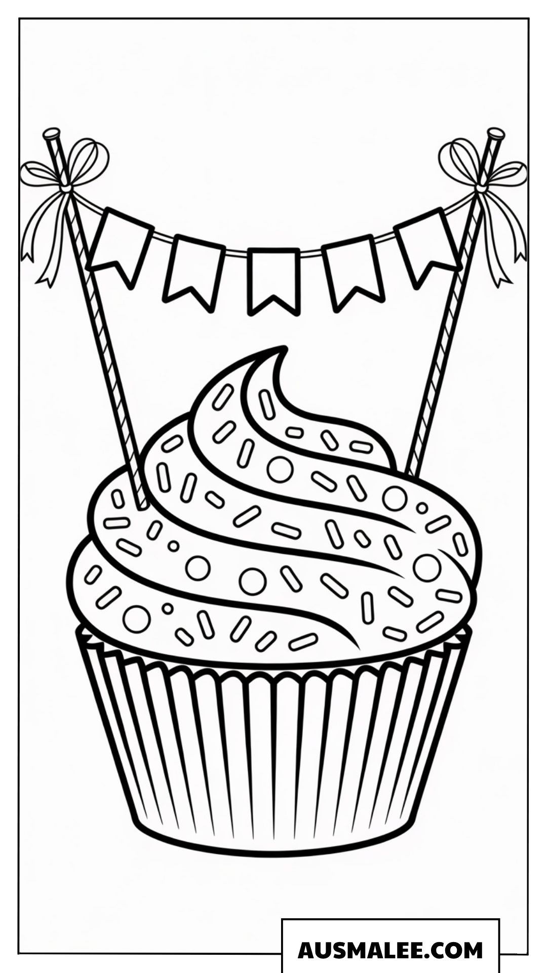 Ausmalbild Party-Cupcake mit einer Wimpelkette