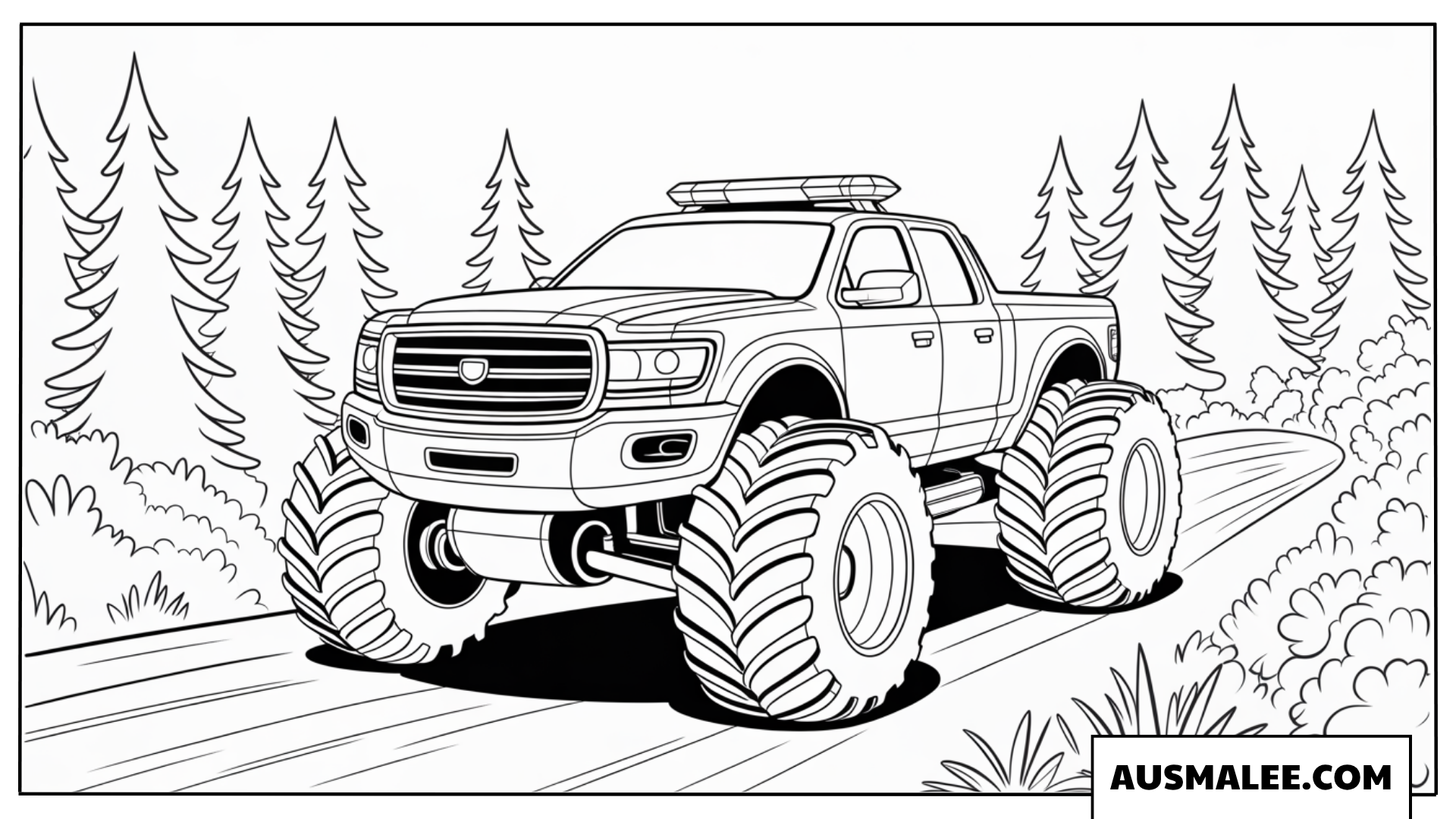 Ausmalbild Polizei Monstertruck auf Patrouille im Nadelwald