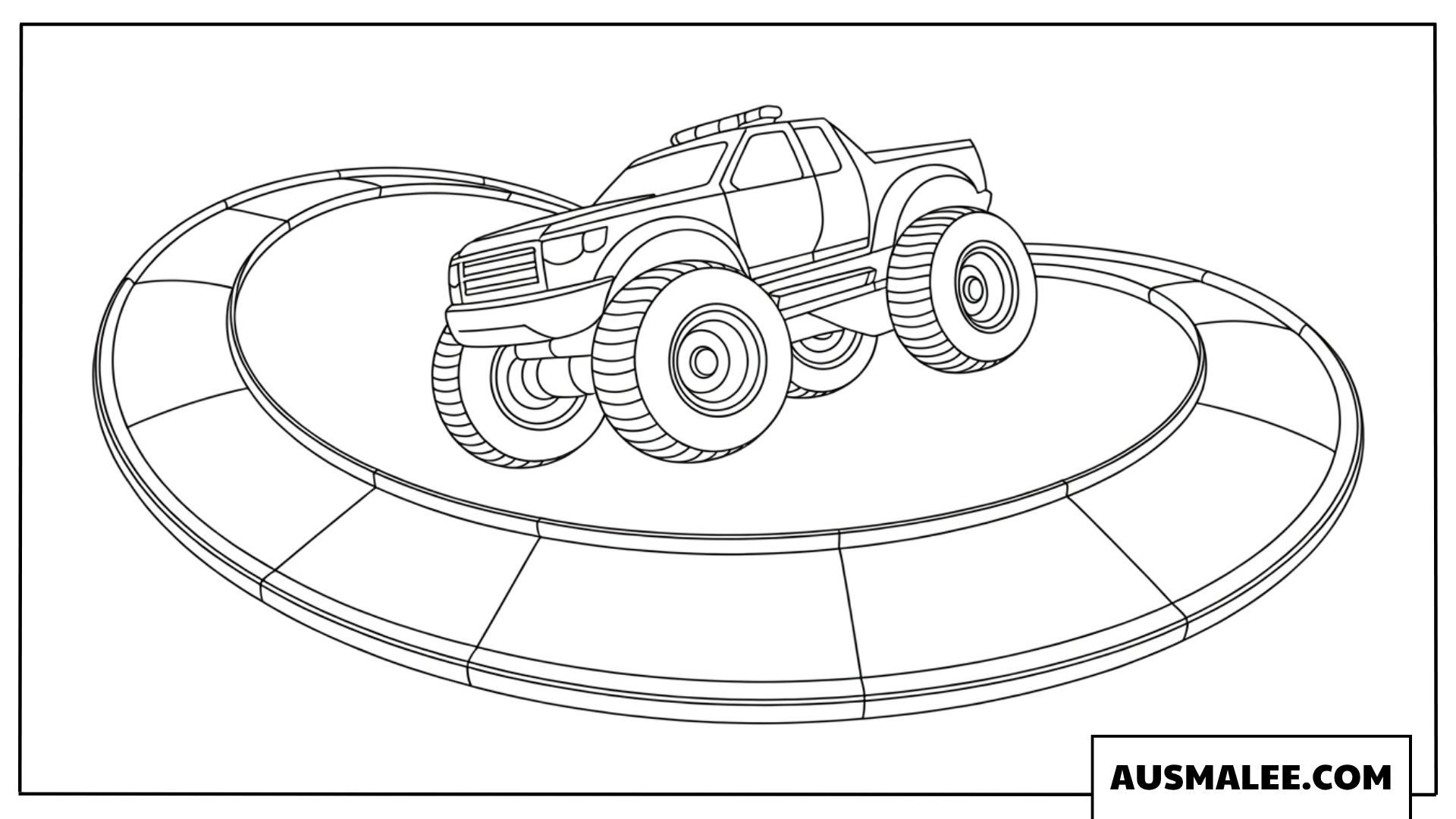 Ausmalbild Polizei Monstertruck im Hot Wheels Stil auf der Rundstrecke