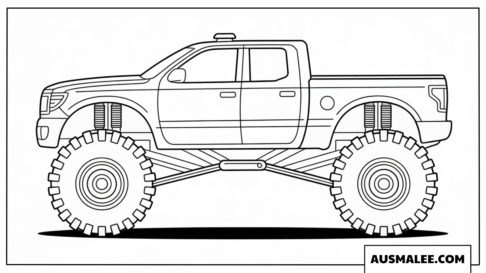 Ausmalbild Polizei Monstertruck in der Seitenansicht mit großen Stoßdämpfern