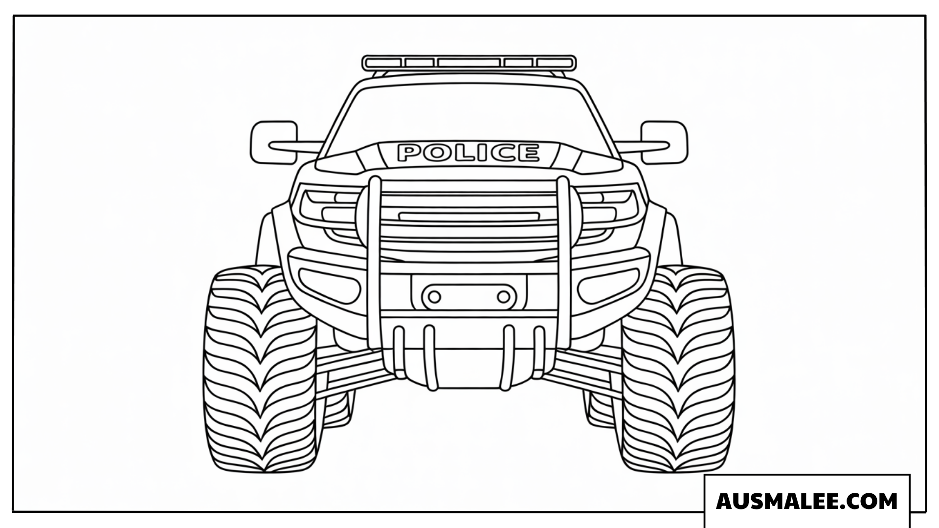 Ausmalbild Polizei Monstertruck in kraftvoller Frontalansicht