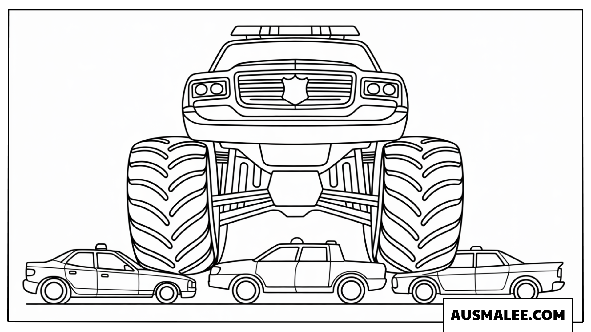 Ausmalbild Polizei Monstertruck walzt über eine Reihe von Autos