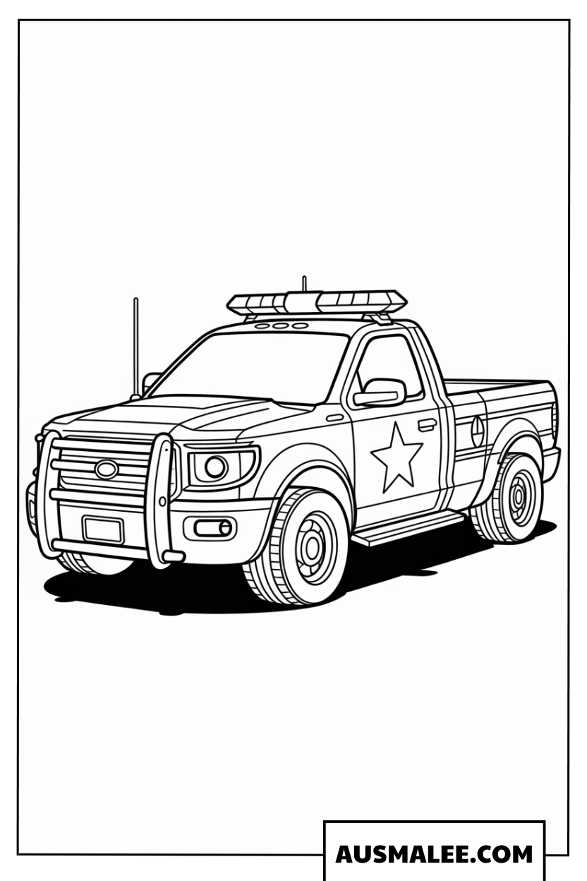 Ausmalbild Polizei-Pickup-Truck im Monster-Truck-Stil