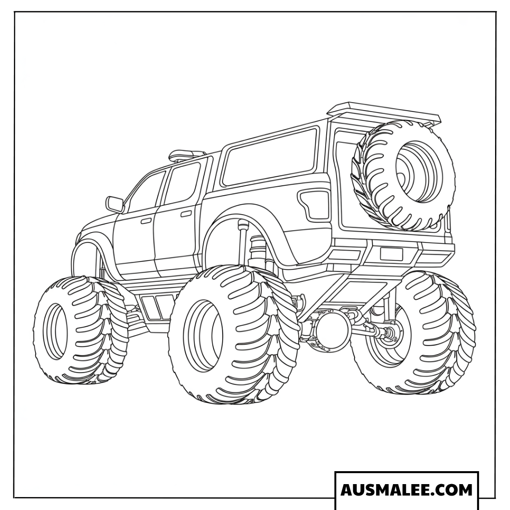 Ausmalbild Realistischer Polizei Monstertruck mit Ersatzrad am Heck