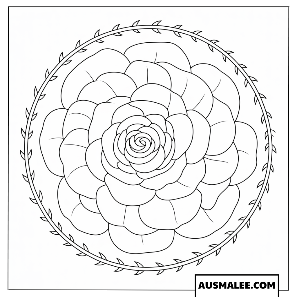 Ausmalbild Rose umgeben von einem feinen Blätterkranz