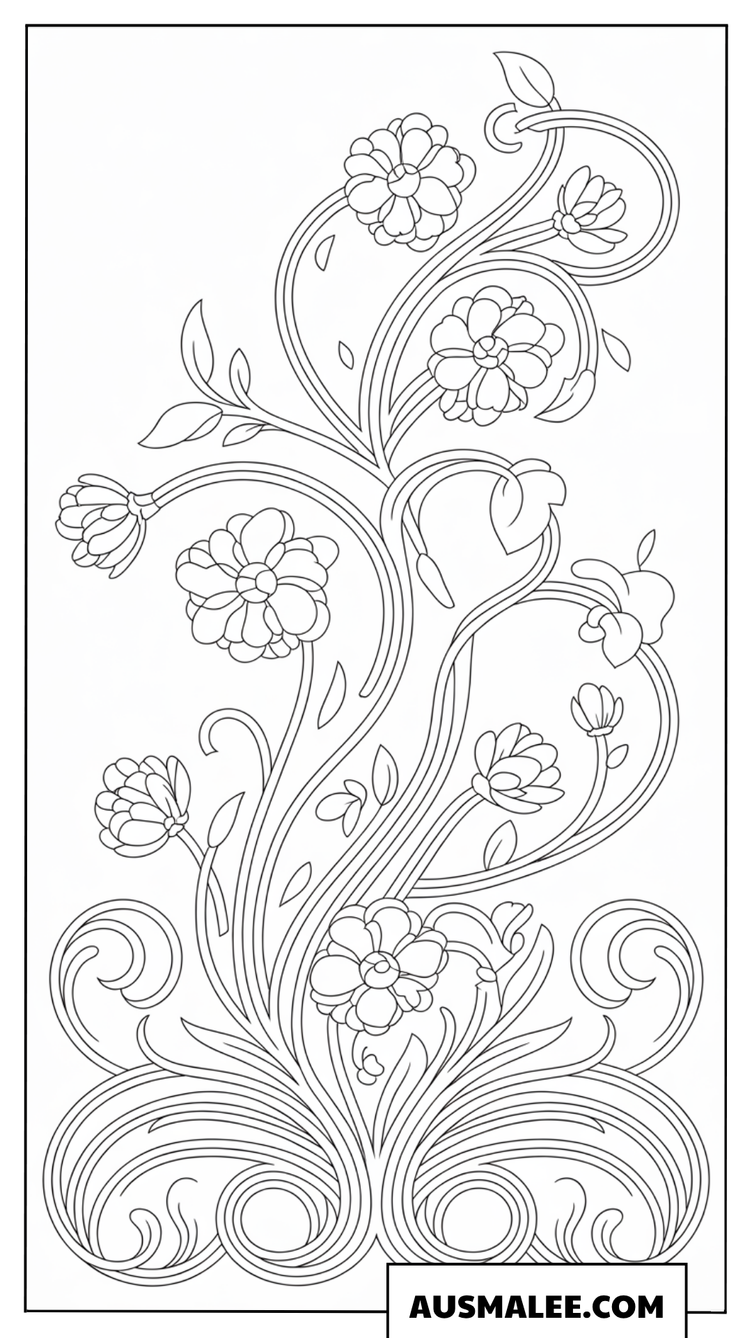 Ausmalbild Runder Blumenrahmen aus barocken Mustern