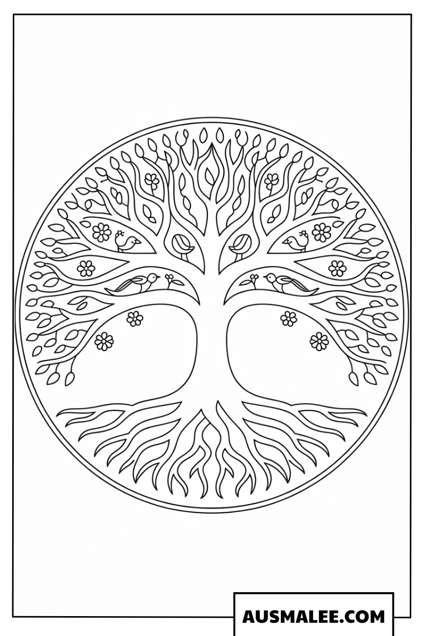 Ausmalbild Runder Lebensbaum mit Blumen und Früchten
