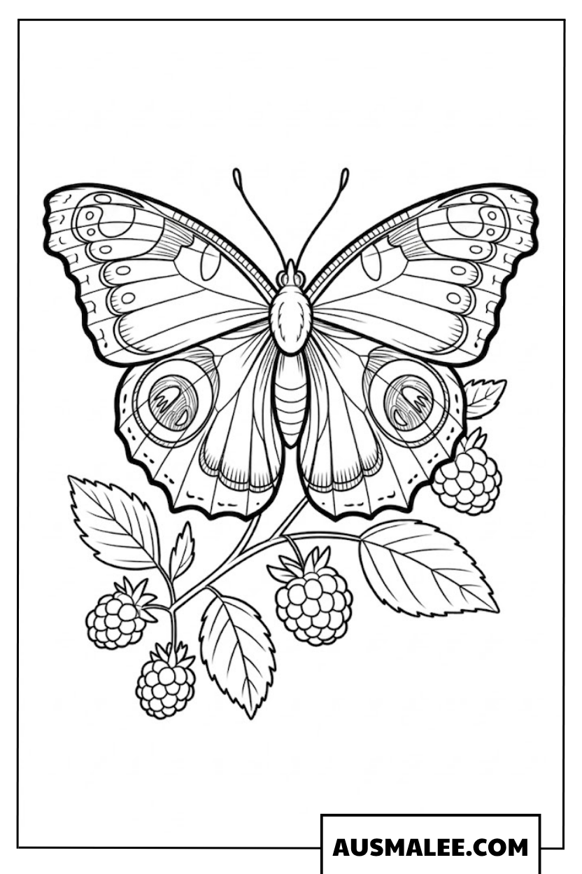 Ausmalbild Schmetterling sitzt auf einem Himbeerzweig