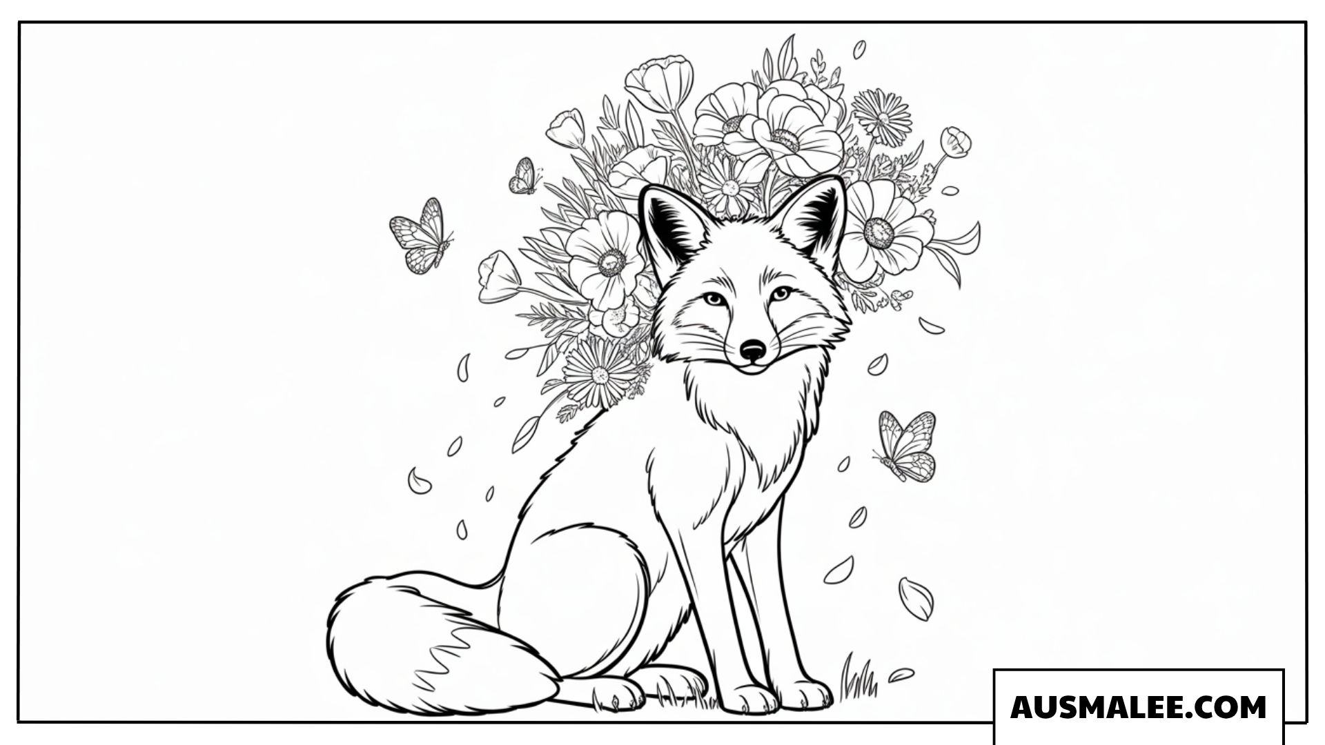 Ausmalbild Sitzender Fuchs umgeben von vielen Blüten