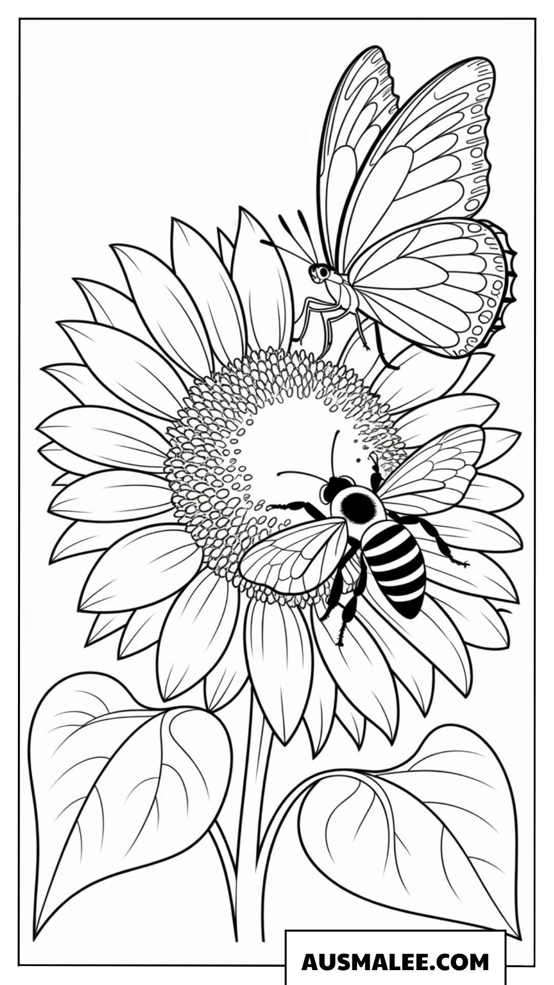 Ausmalbild Sonnenblume mit fliegenden Hummeln