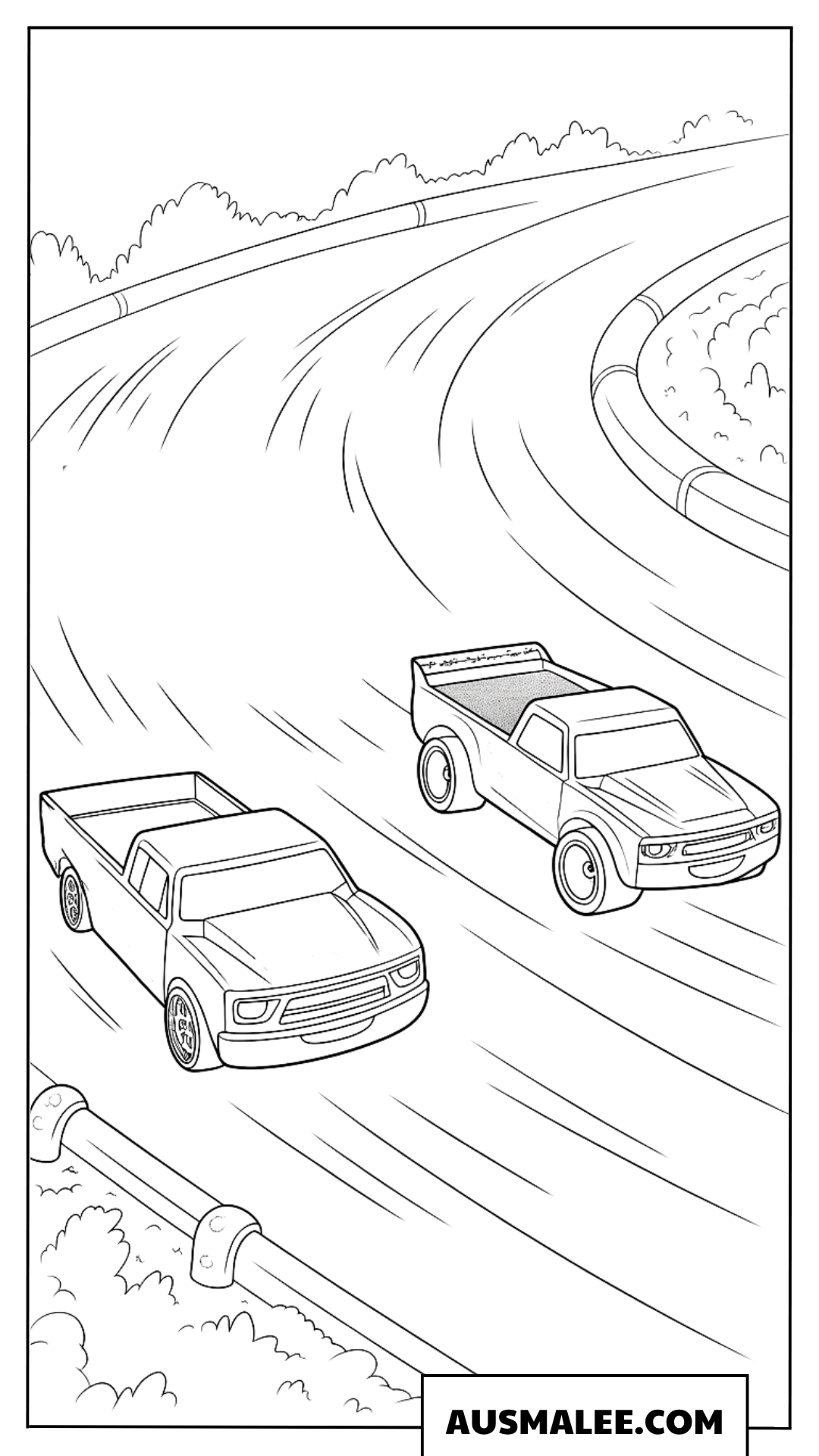 Ausmalbild Spannende Verfolgungsjagd von zwei Monster Trucks auf der Rennstrecke