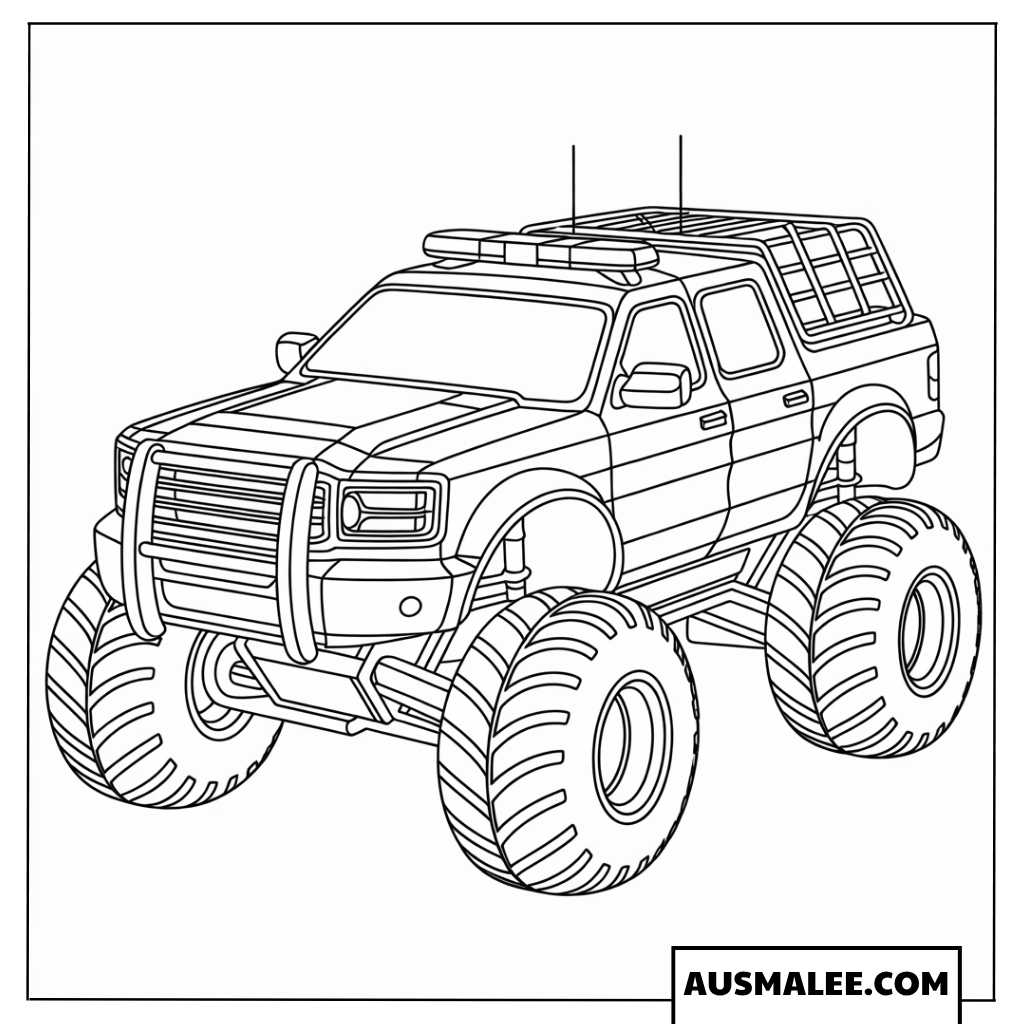 Ausmalbild Spezieller Polizei Monstertruck mit Schutzgitter am Heck