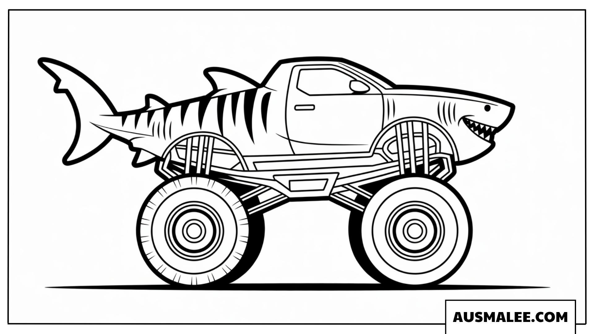 Ausmalbild Tiger Shark Monster Truck bei einem spektakulären Sprung