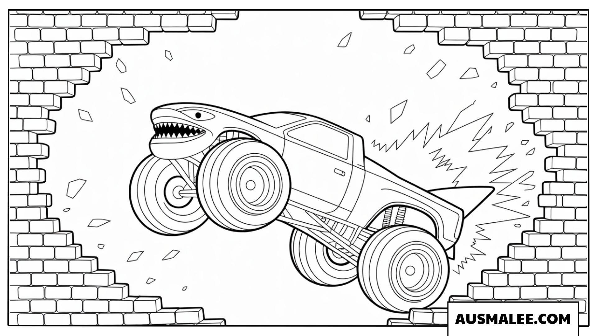 Ausmalbild Tiger Shark Monster Truck bricht durch eine Backsteinmauer