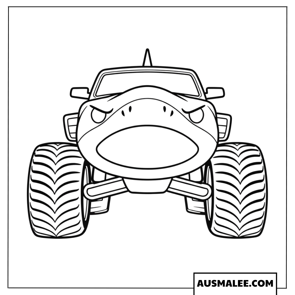 Ausmalbild Tiger Shark Monster Truck in bedrohlicher Frontalansicht