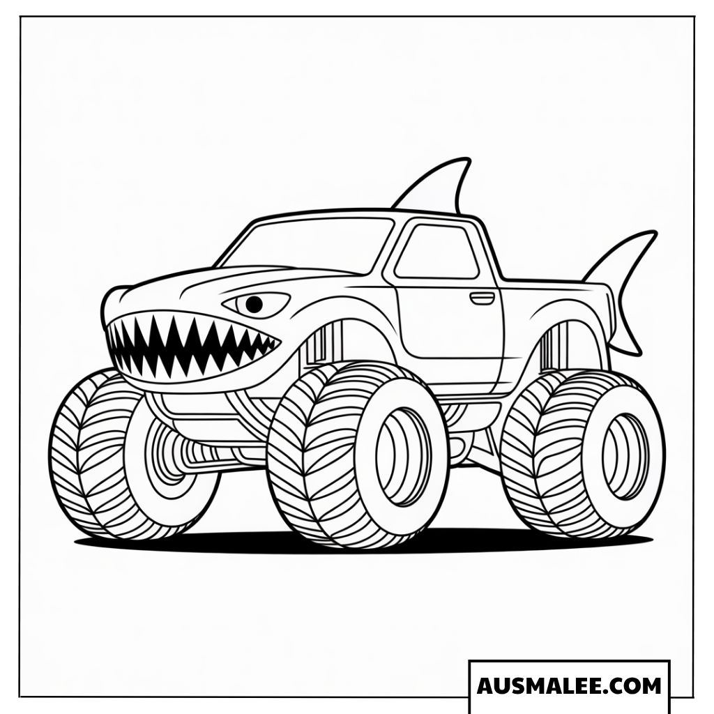 Ausmalbild Tiger Shark Monster Truck in cooler Schrägansicht