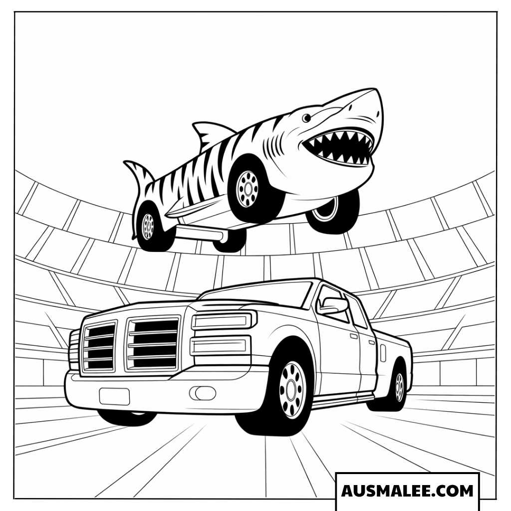 Ausmalbild Tiger Shark Monster Truck zerquetscht Autos in der Arena