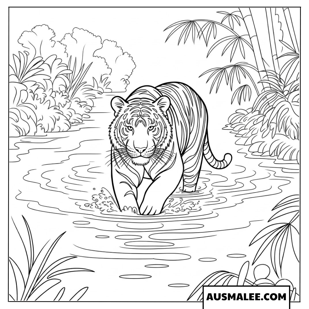 Ausmalbild Tiger watet im Fluss