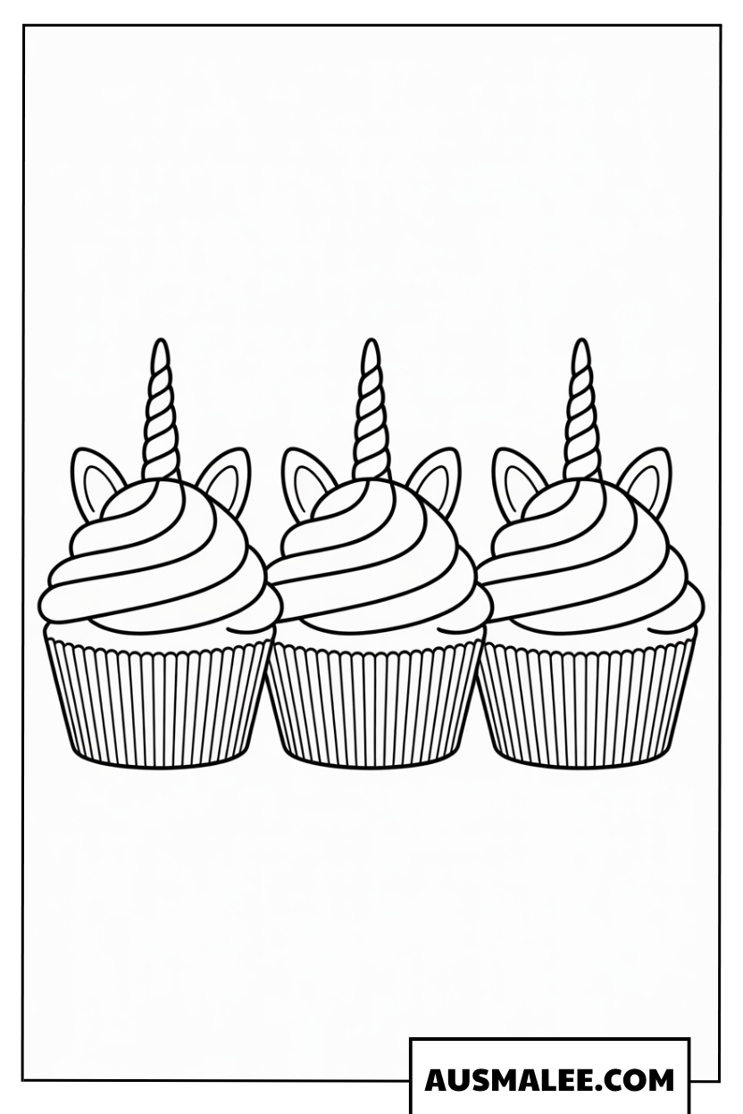 Ausmalbild Trio von Einhorn-Muffins