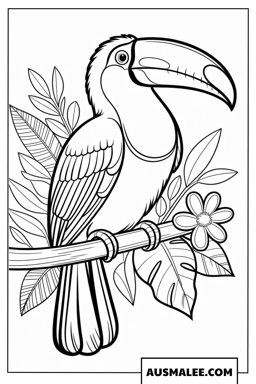 Ausmalbild Tukan vogel sitzt auf einem Ast mit Tropenblume
