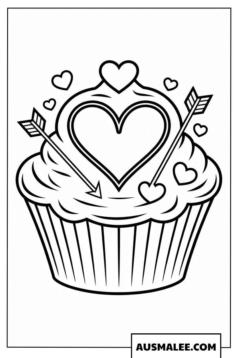 Ausmalbild Valentinstags-Muffin mit Liebespfeil