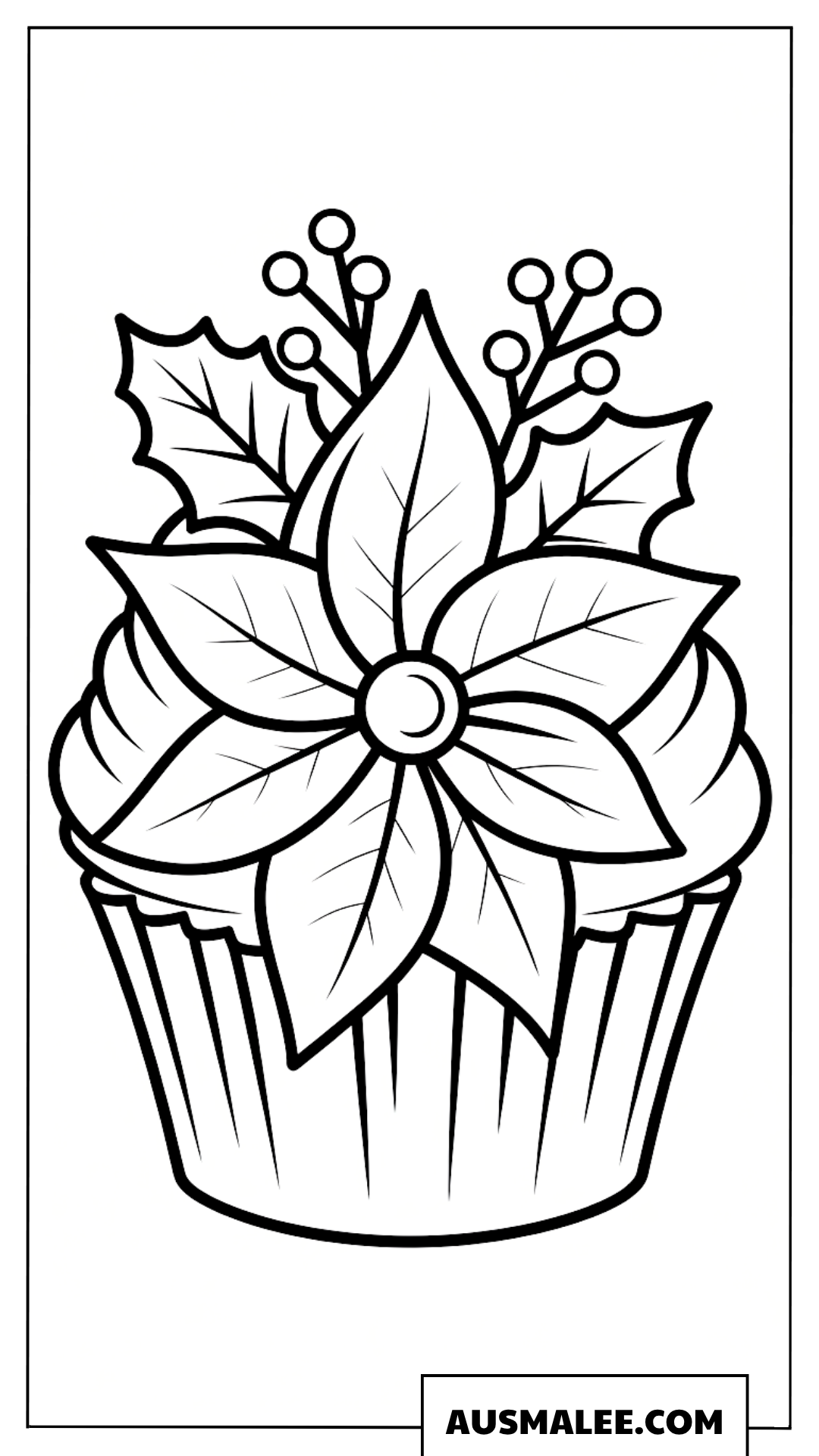 Ausmalbild Weihnachts-Cupcake mit Weihnachtsstern-Blume