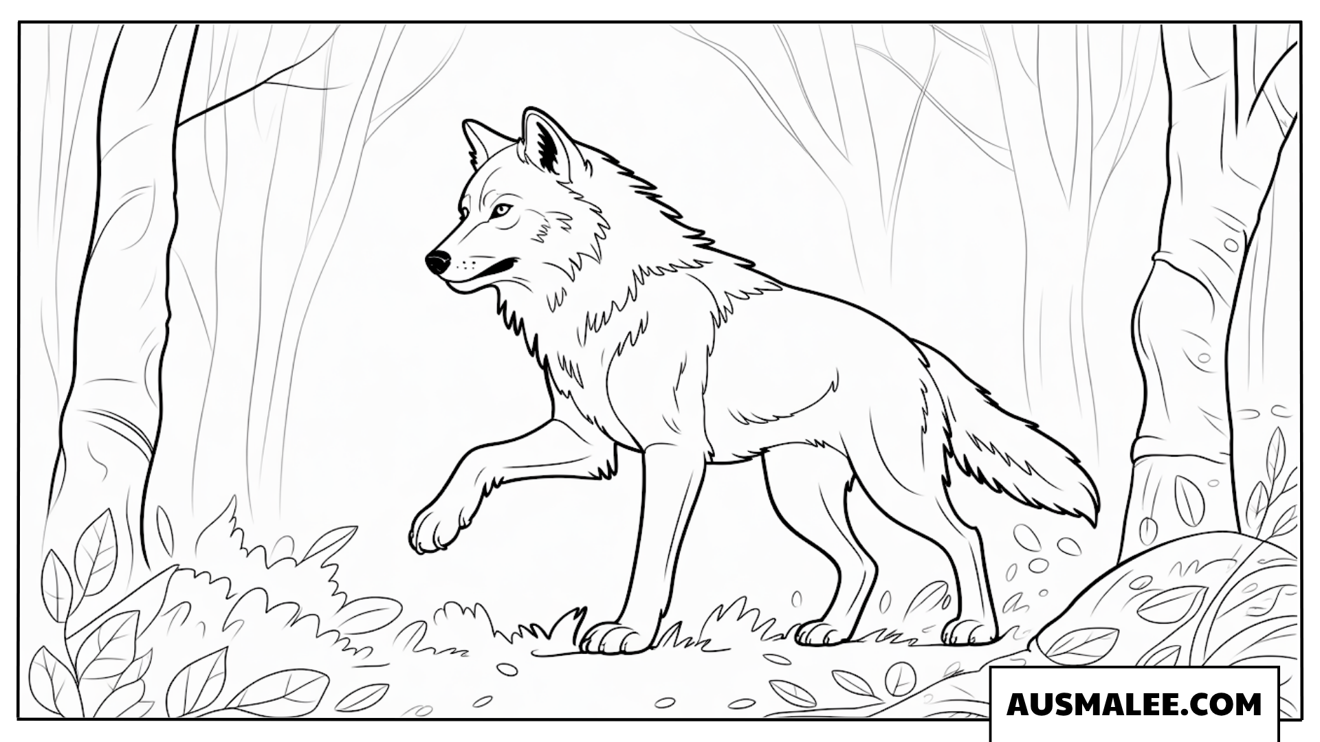 Ausmalbild Wolf läuft durch den Wald