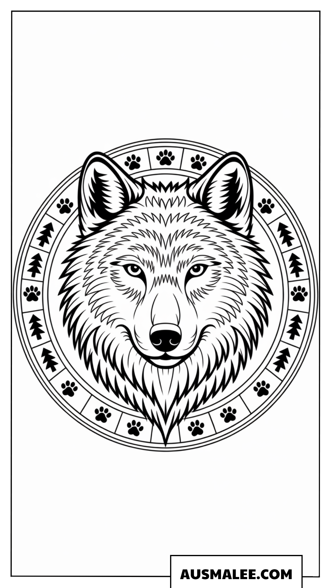 Ausmalbild Wolfskopf inmitten eines verzierten Mandala Kreises