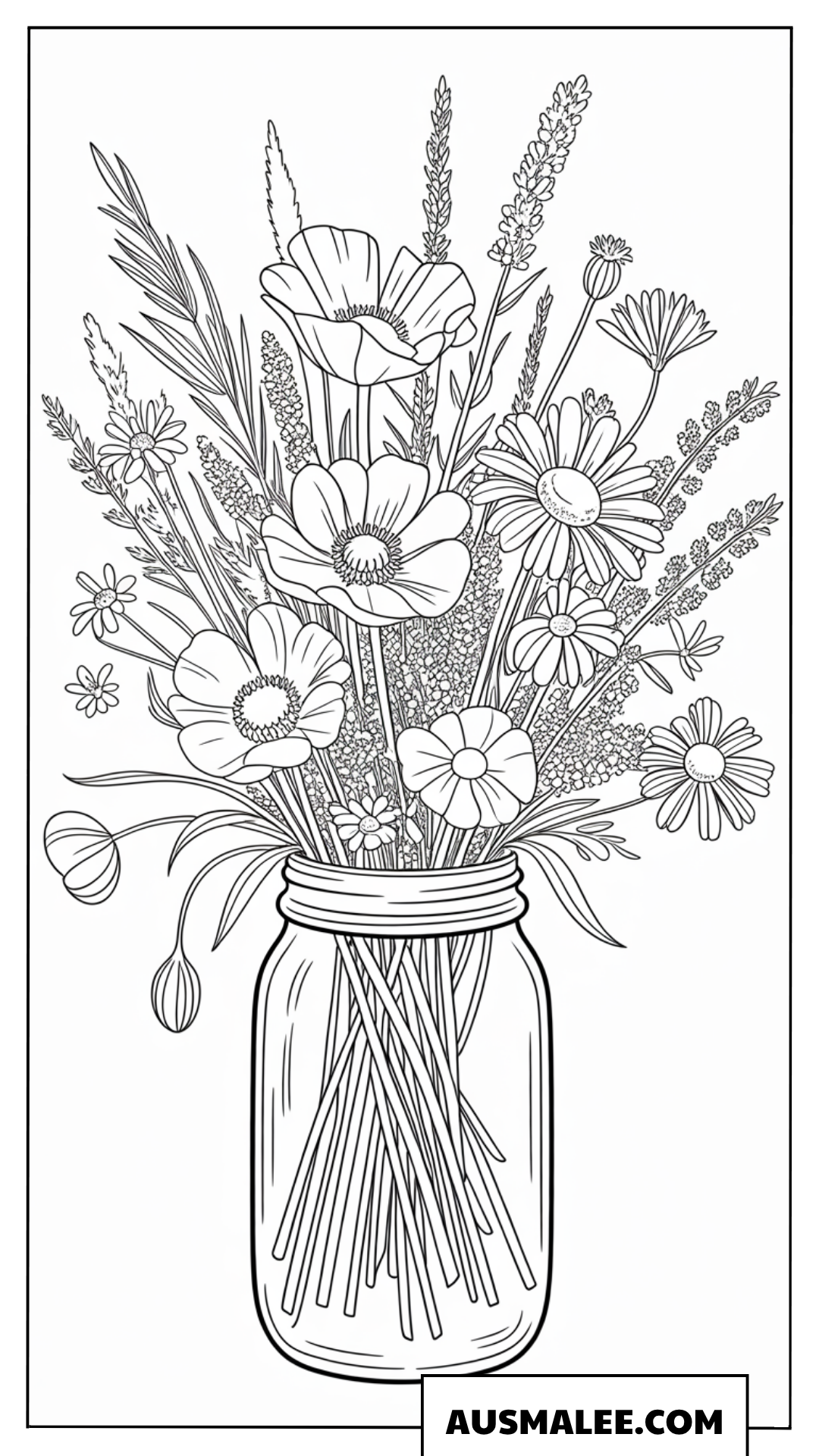 Ausmalbild Zarte Wiesenblumen mit schlanken Gräsern