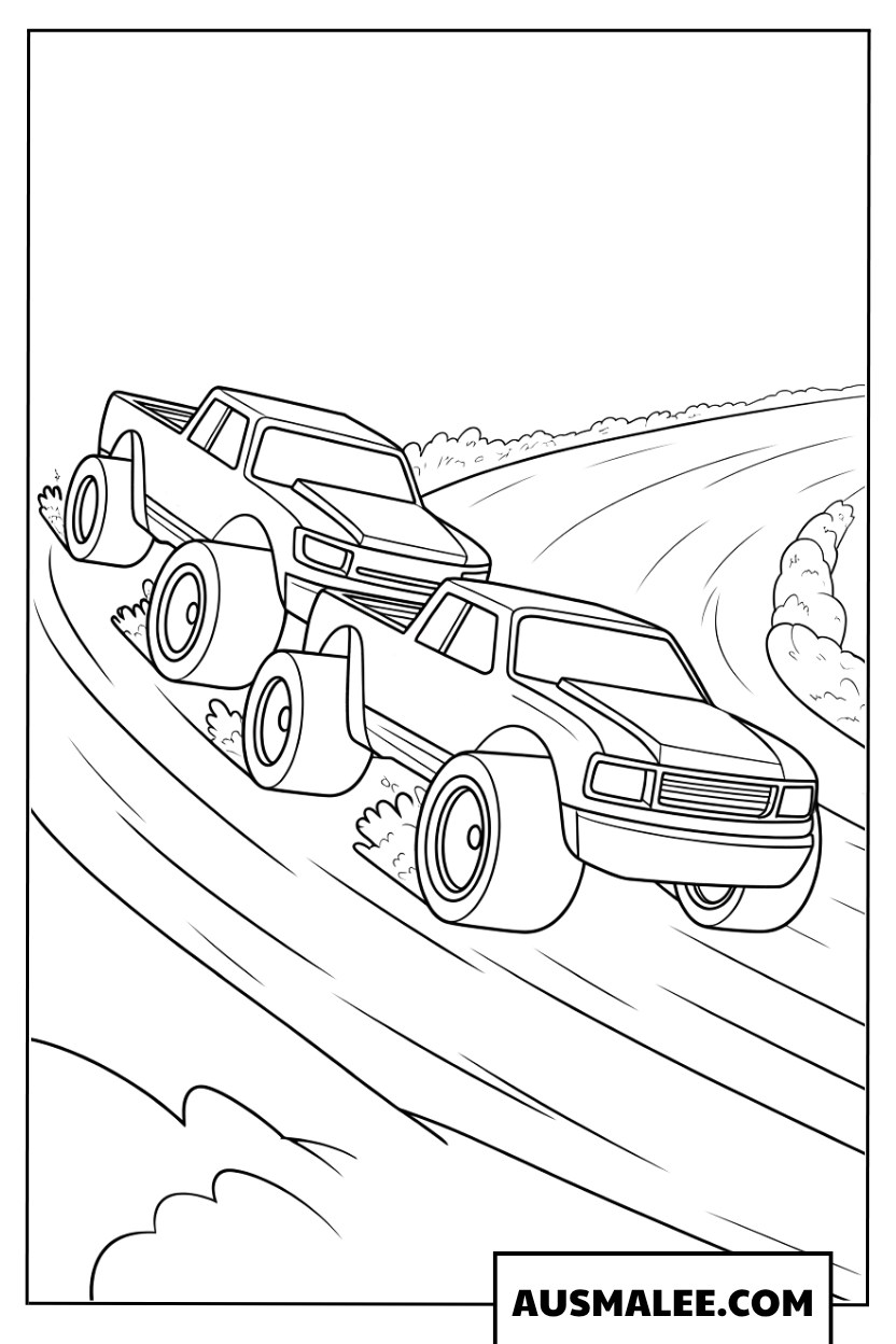 Ausmalbild Zwei Hot Wheels Monster Trucks beim Bergrennen