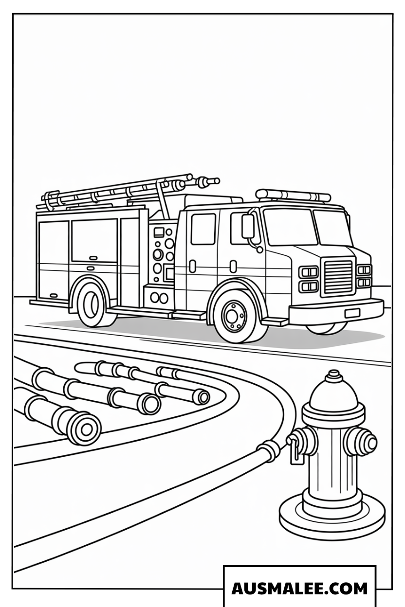 Ausmalbild ausgelegte Feuerwehrschläuche zum Löschfahrzeug