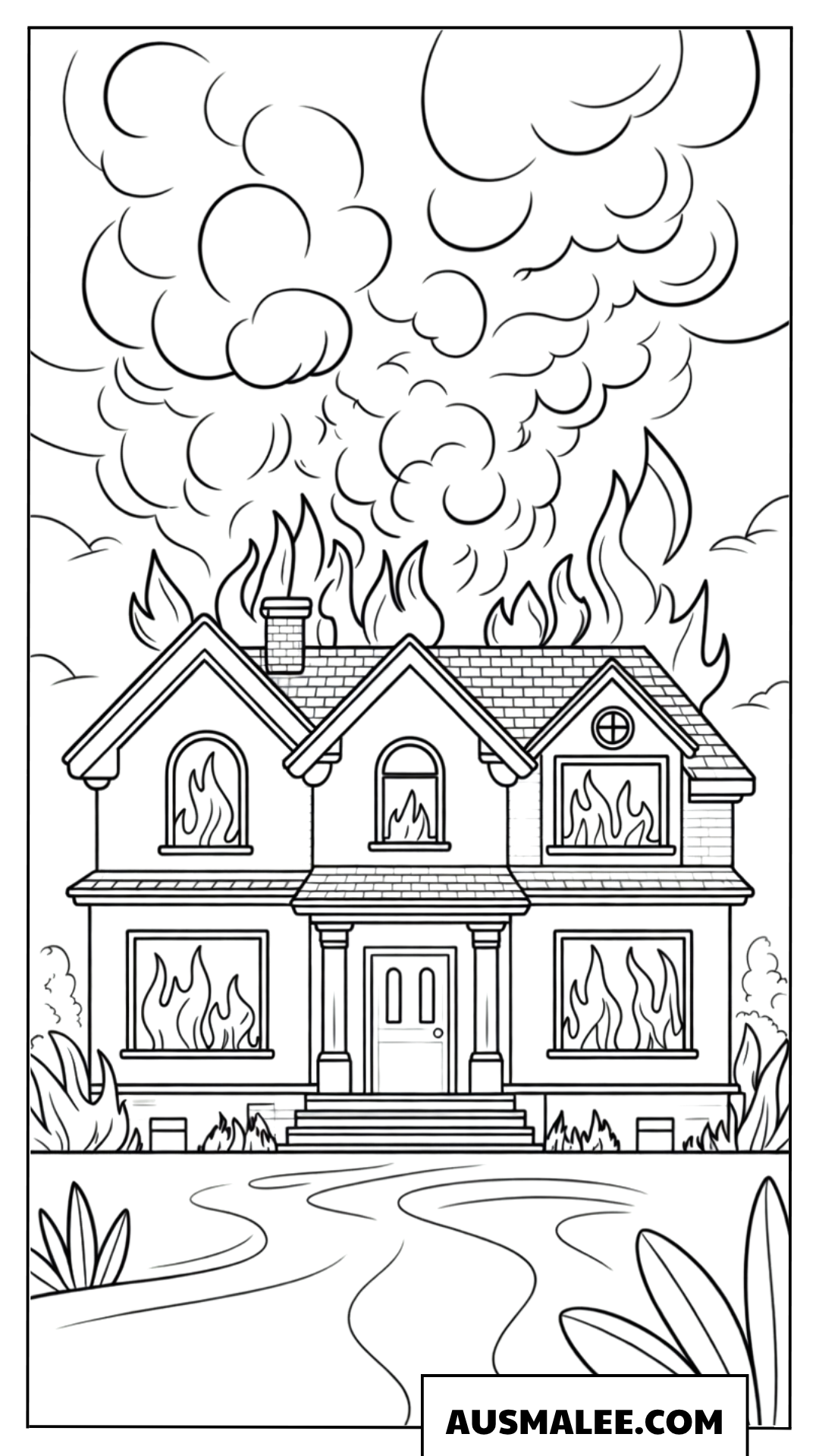 Ausmalbild brennendes Wohnhaus im Vollbrand