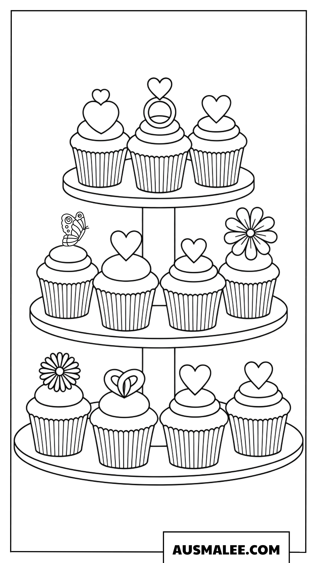 Ausmalbild dreistöckige Hochzeits-Cupcake-Etagere