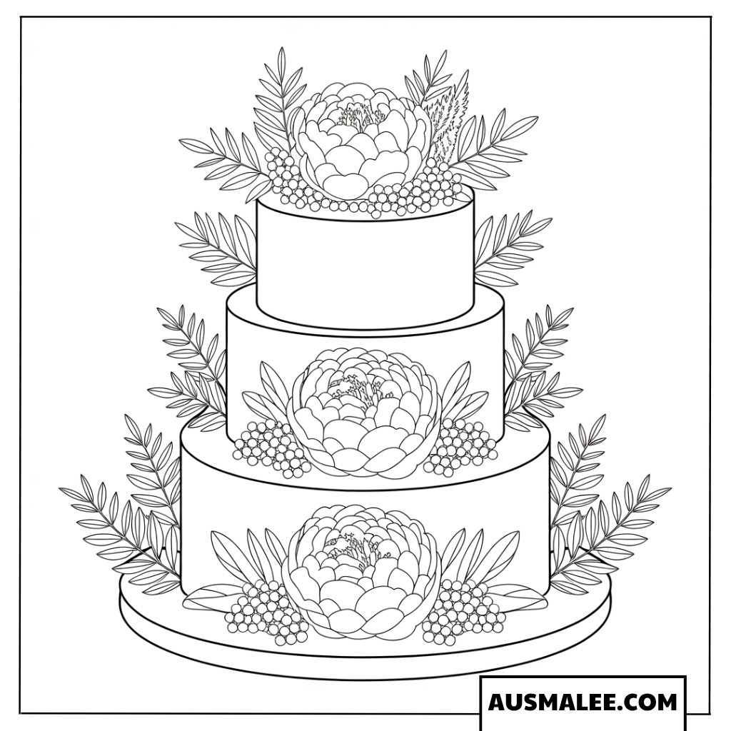 Ausmalbild dreistöckige Hochzeitstorte mit Farnblättern