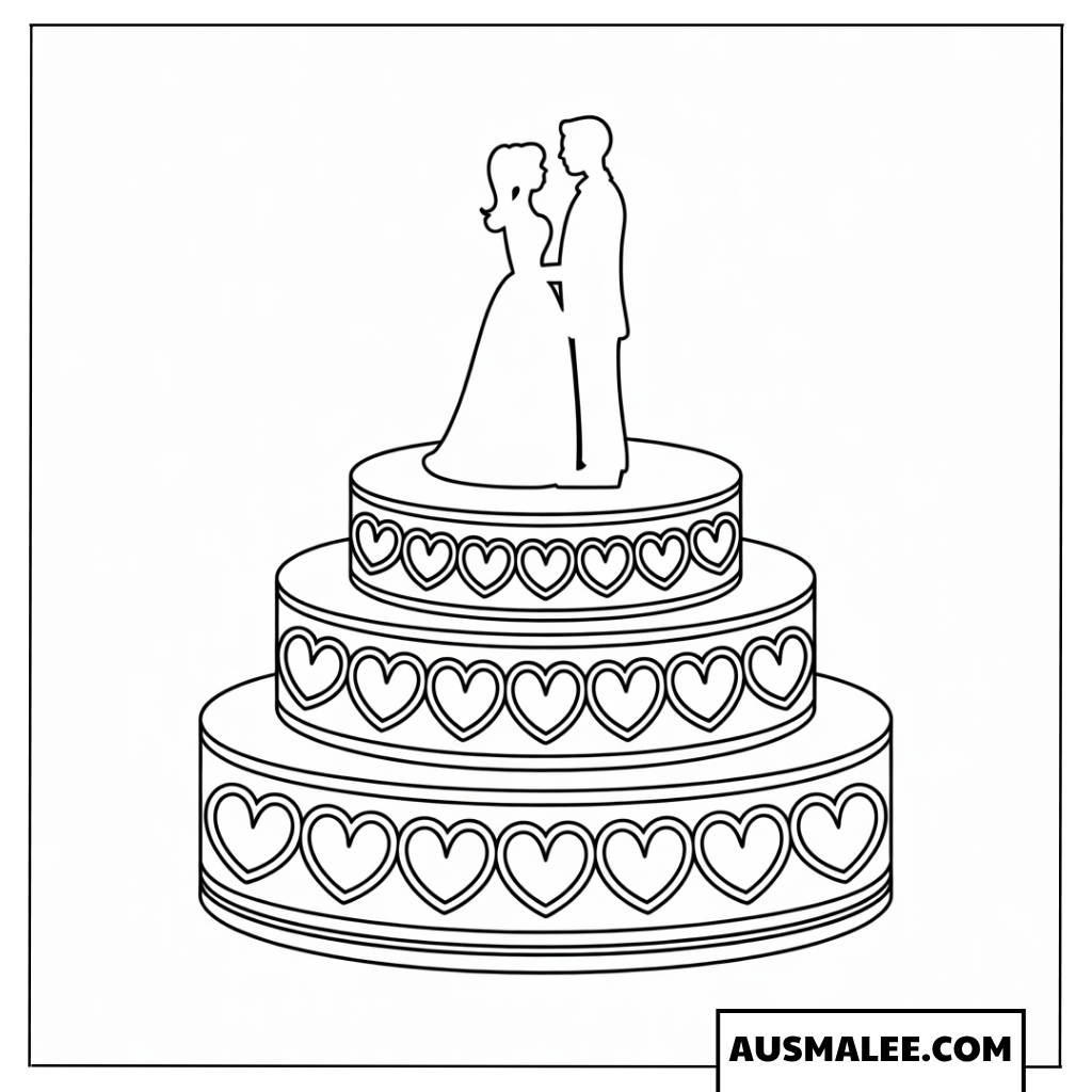 Ausmalbild dreistöckige Hochzeitstorte mit Liebesherzen