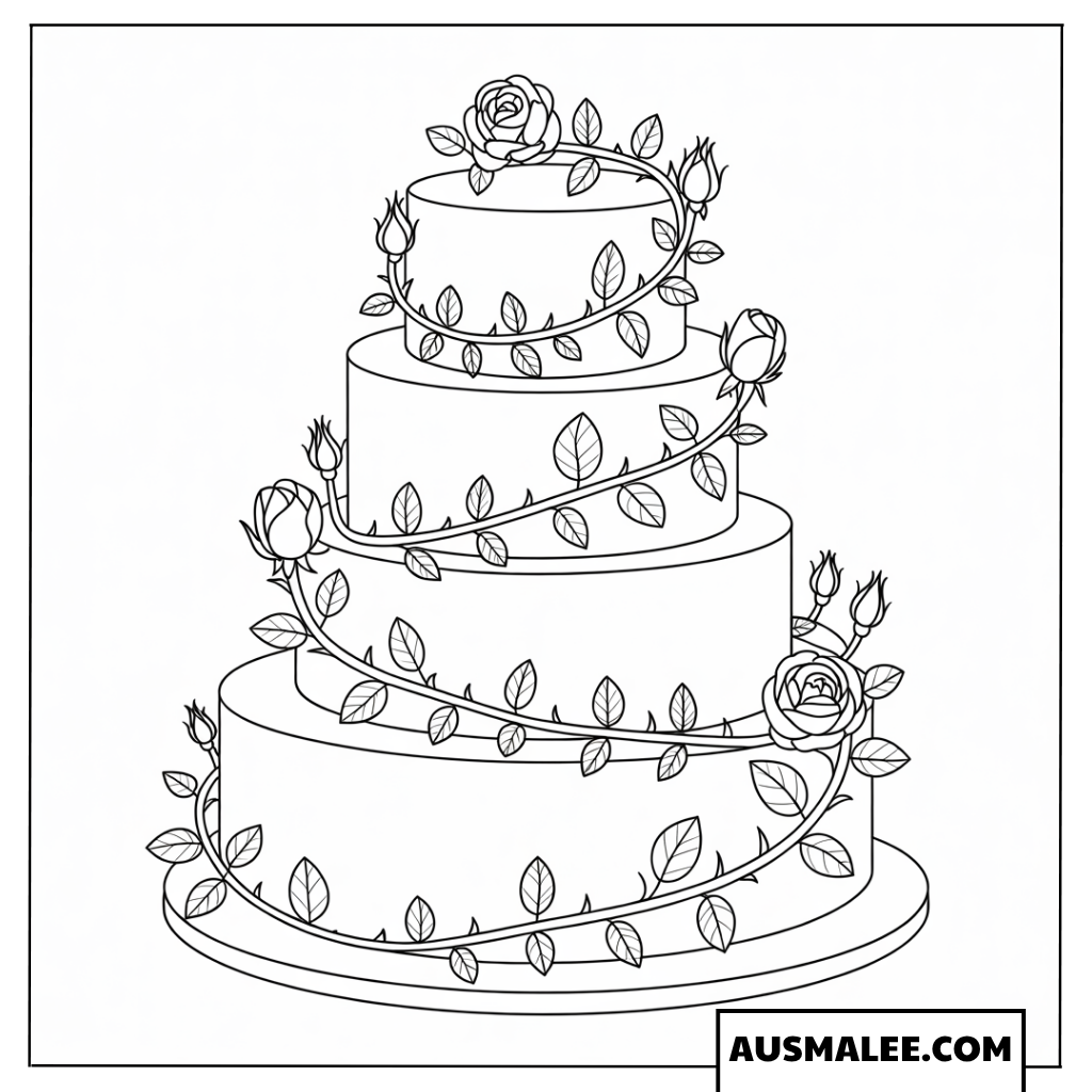Ausmalbild dreistöckige Hochzeitstorte mit Rosenranke