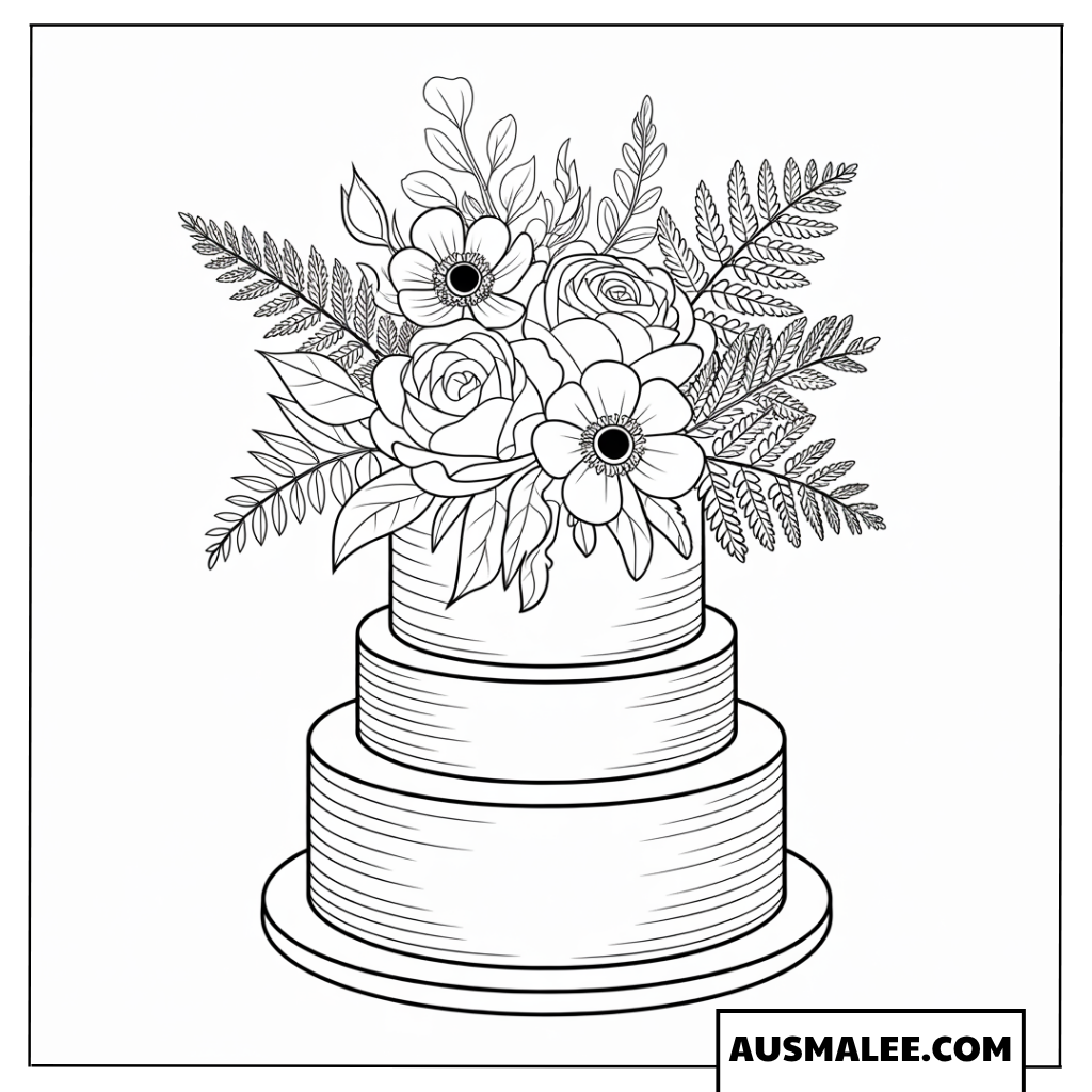 Ausmalbild dreistöckige Hochzeitstorte mit großem Blumenbouquet