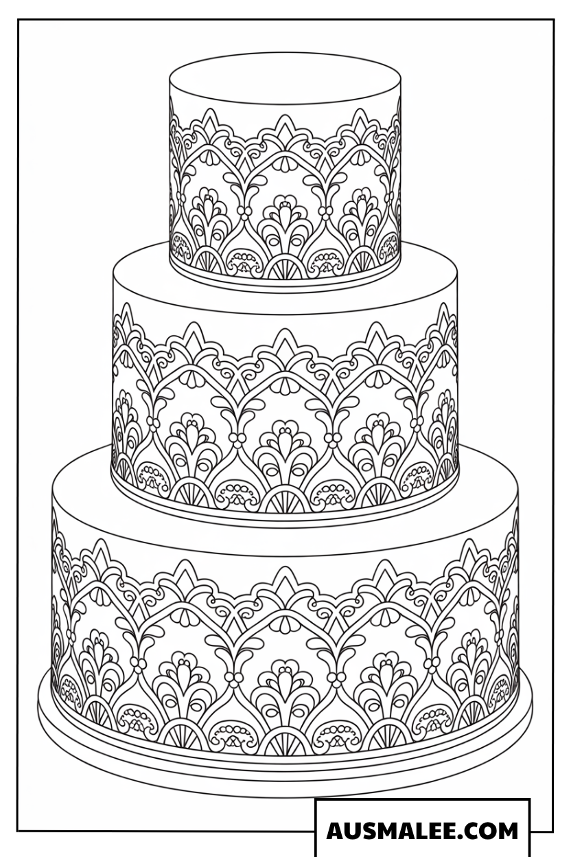 Ausmalbild dreistöckige Hochzeitstorte mit königlichem Spitzendekor