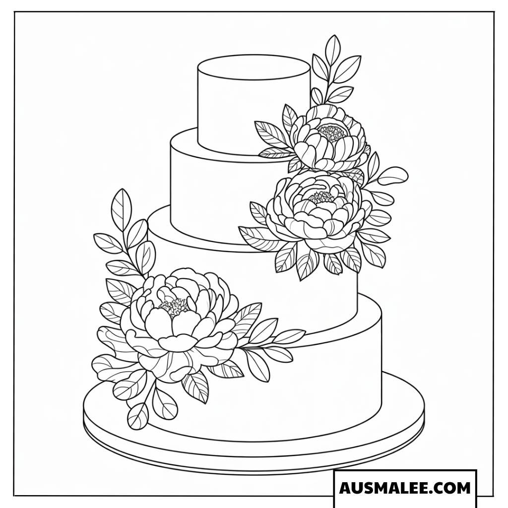 Ausmalbild dreistöckige Torte mit Pfingstrosen