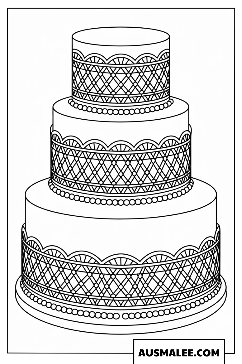 Ausmalbild dreistöckige Torte mit feinem Gittermuster