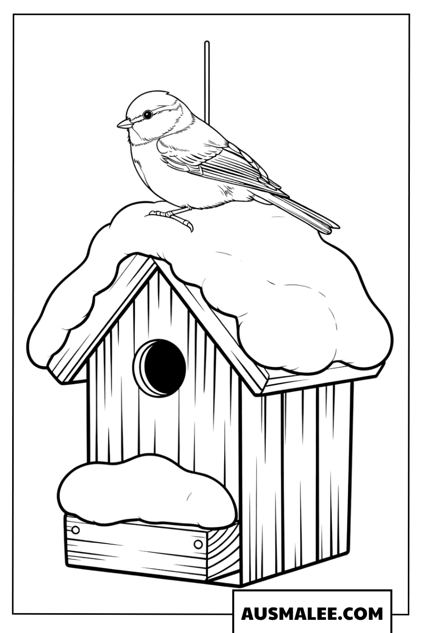 Ausmalbild einer Blaumeise auf einem verschneiten Vogelhaus.