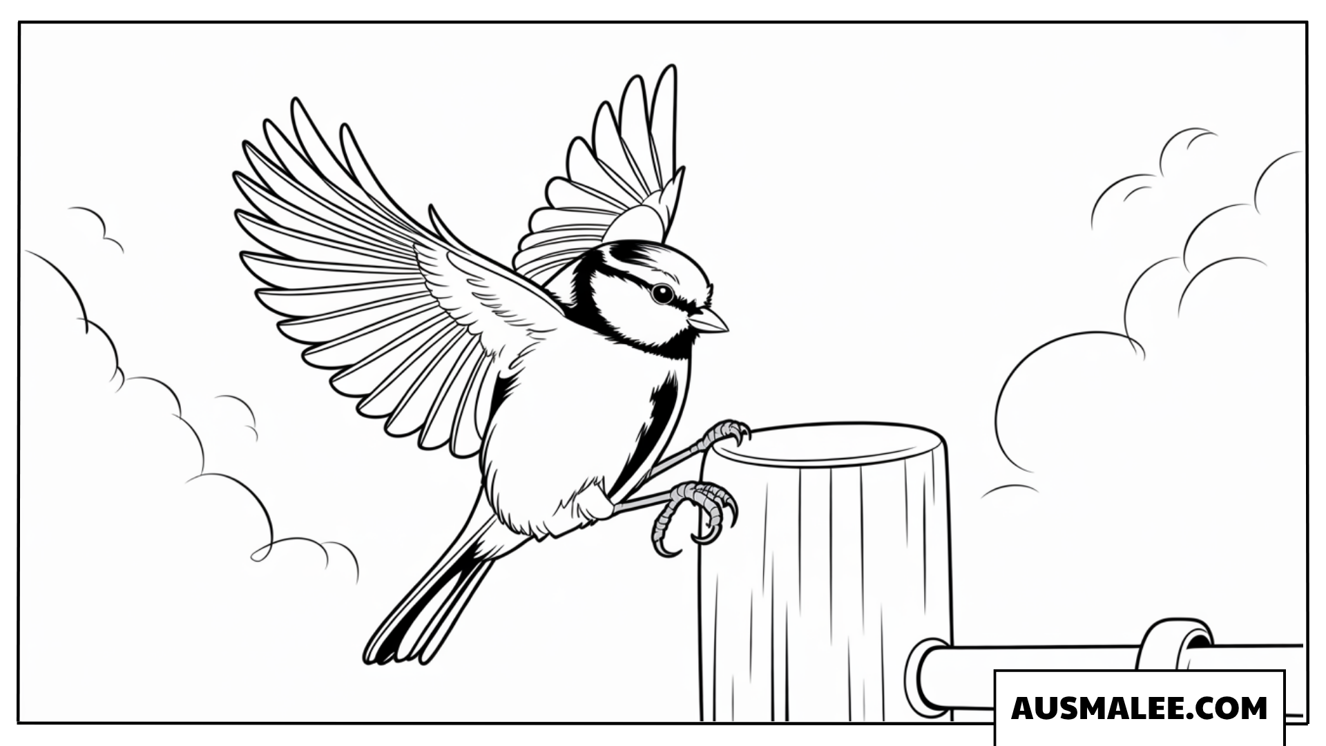 Ausmalbild einer Blaumeise neben einem Holzpfahl im Flug.