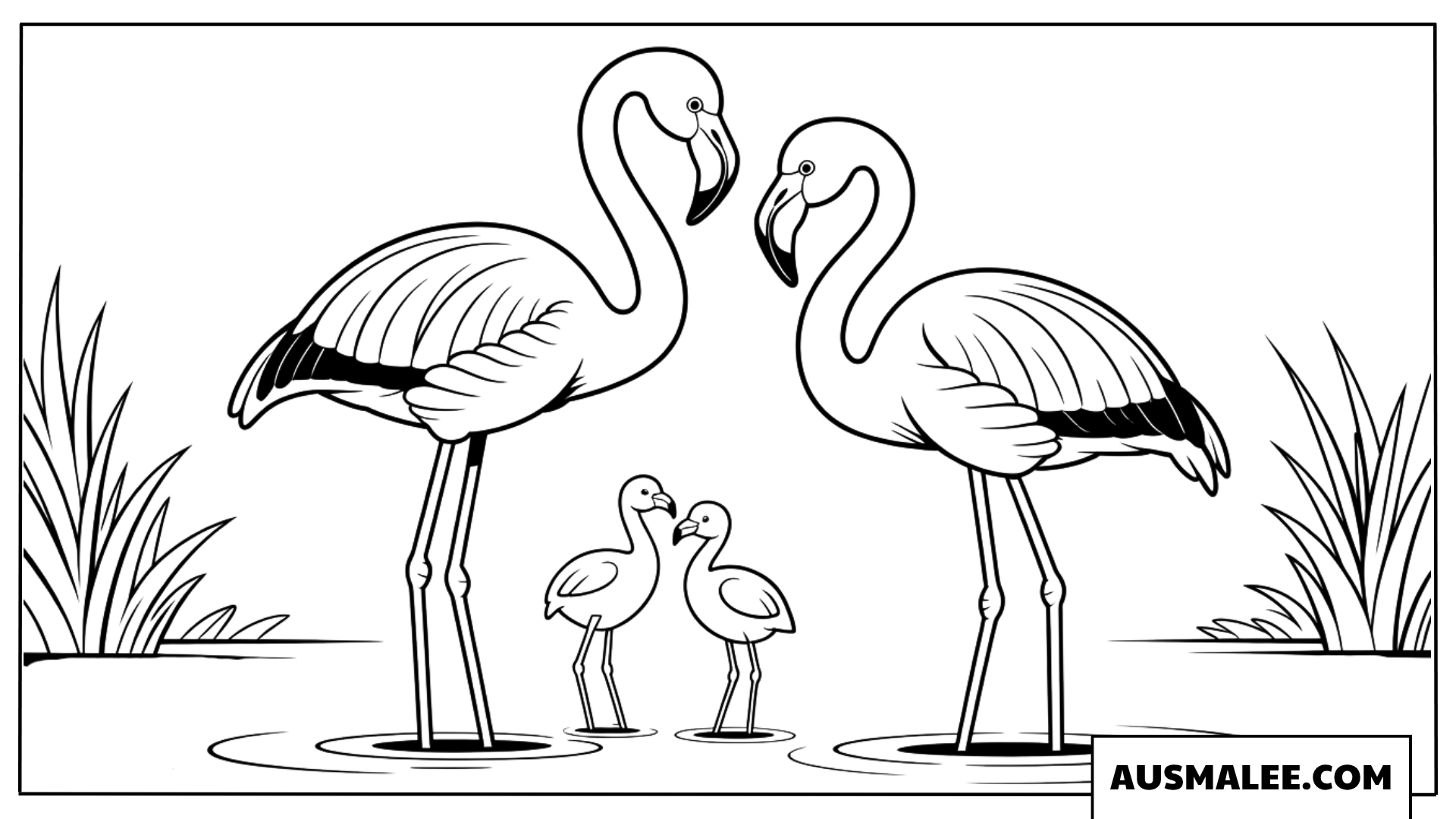 Ausmalbild einer Flamingo-Familie am Wasser.