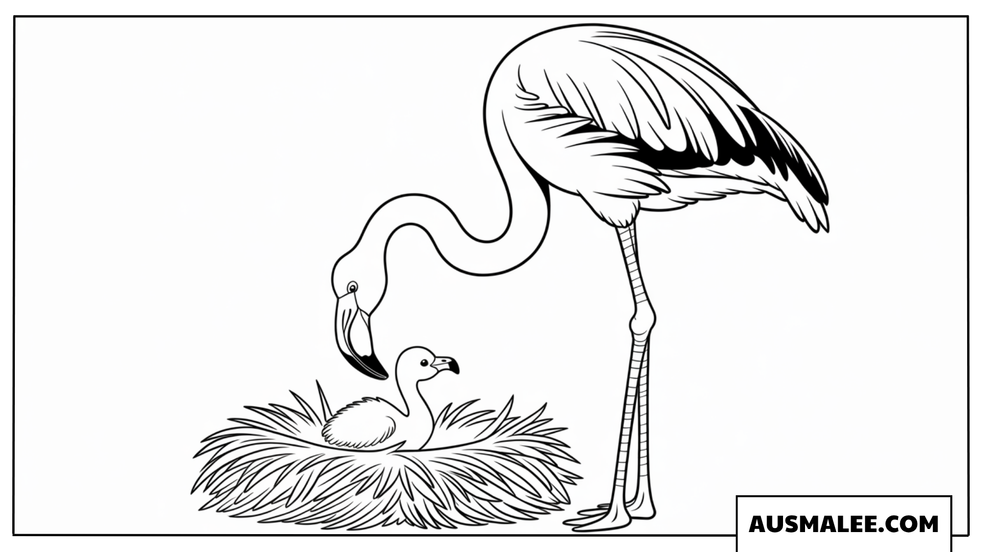 Ausmalbild einer Flamingomutter mit ihrem Küken im Nest.