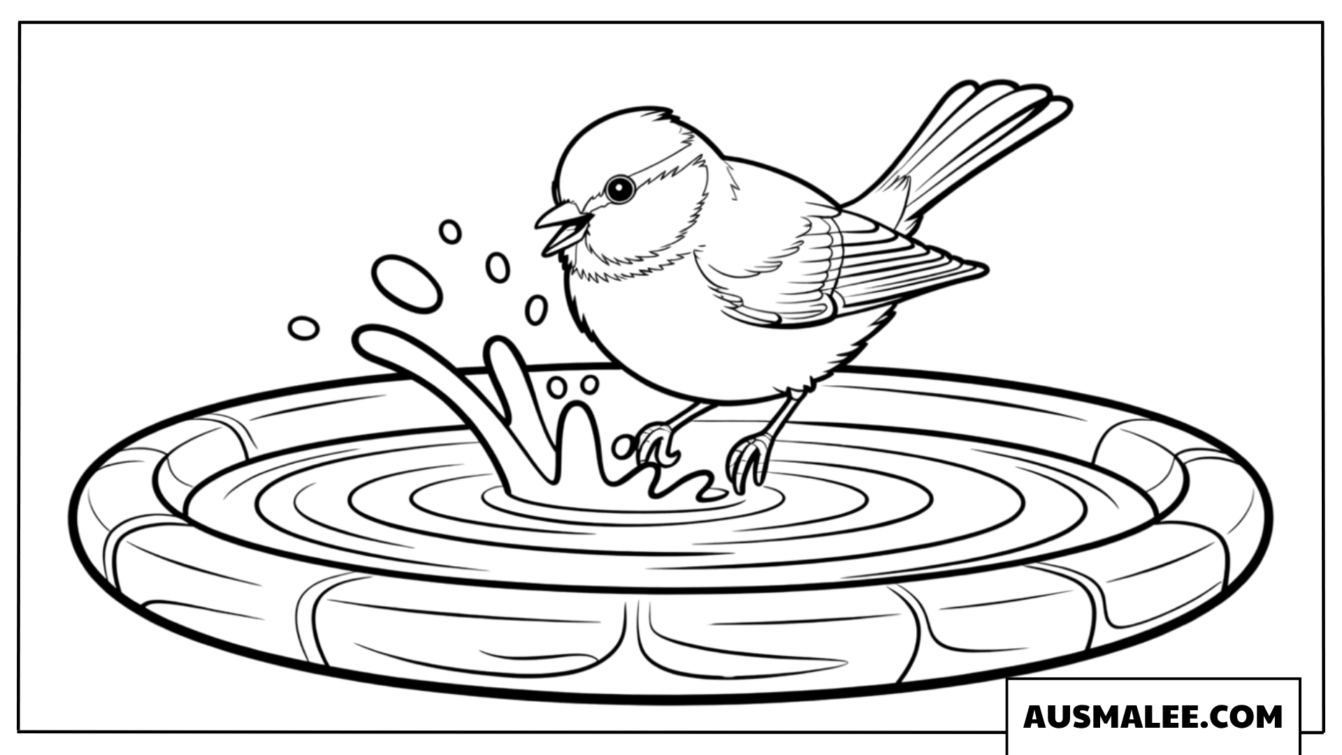 Ausmalbild einer kleinen Blaumeise beim Baden im Wasserbecken.