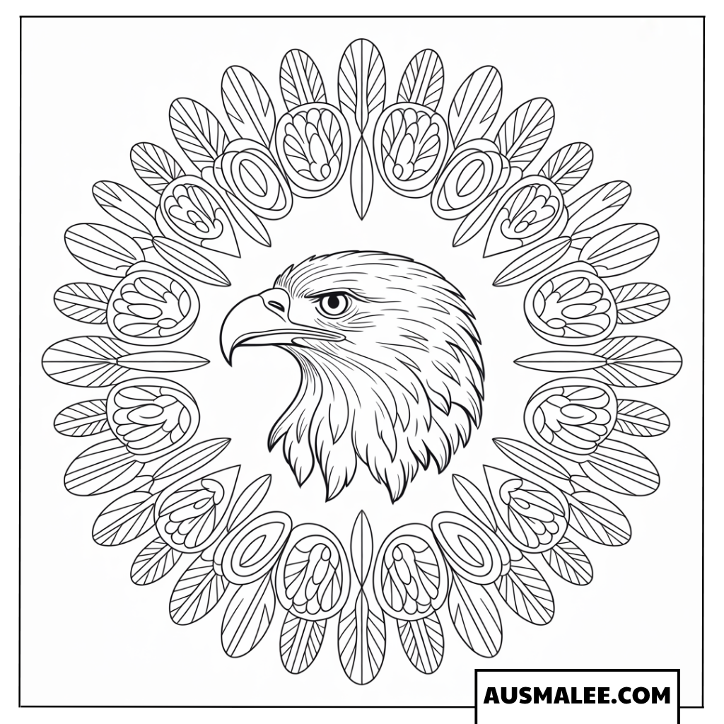 Ausmalbild eines Adlerkopfes im Mandala-Kreis aus Federn.