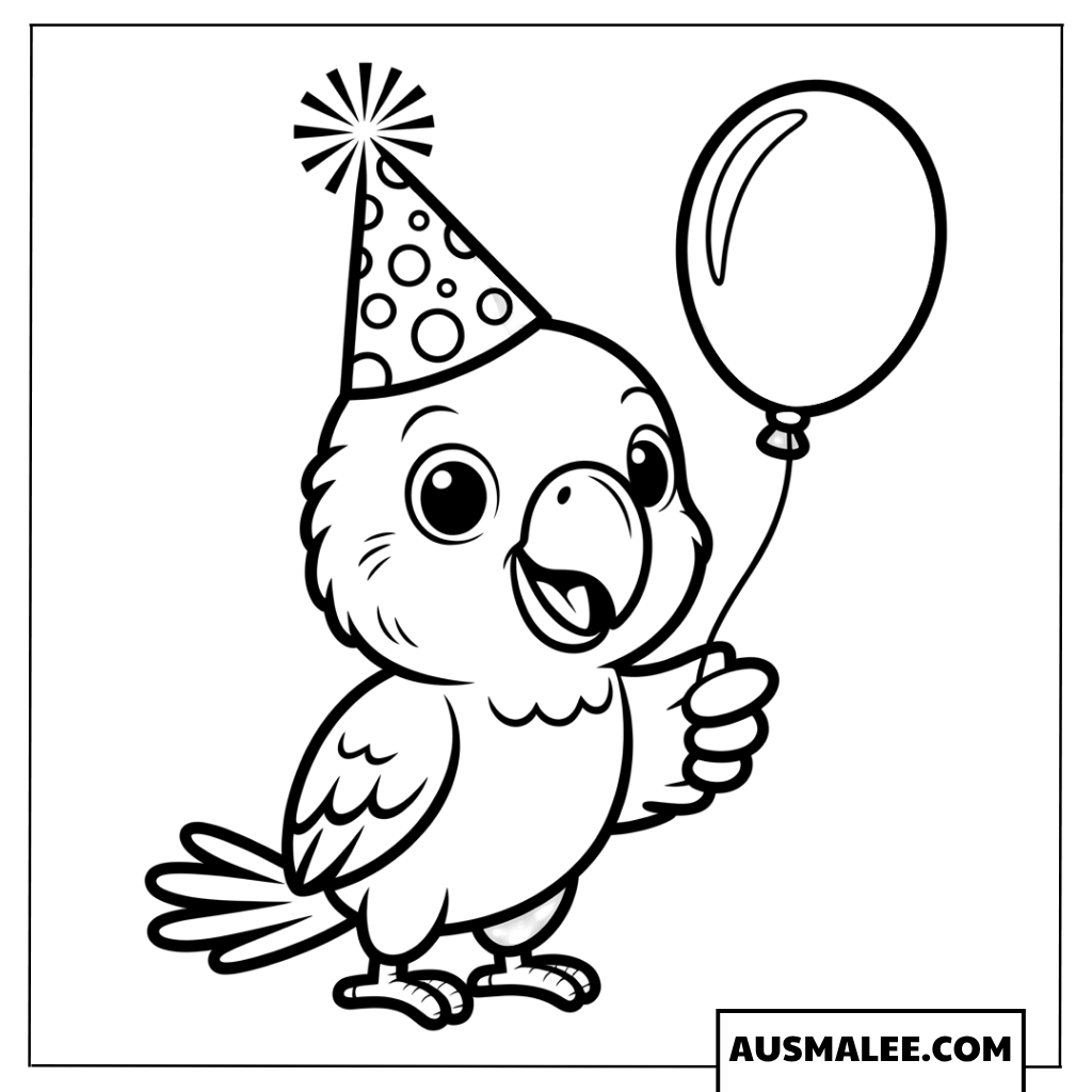 Ausmalbild eines Cartoon-Papageis mit Geburtstagshut und Luftballon.